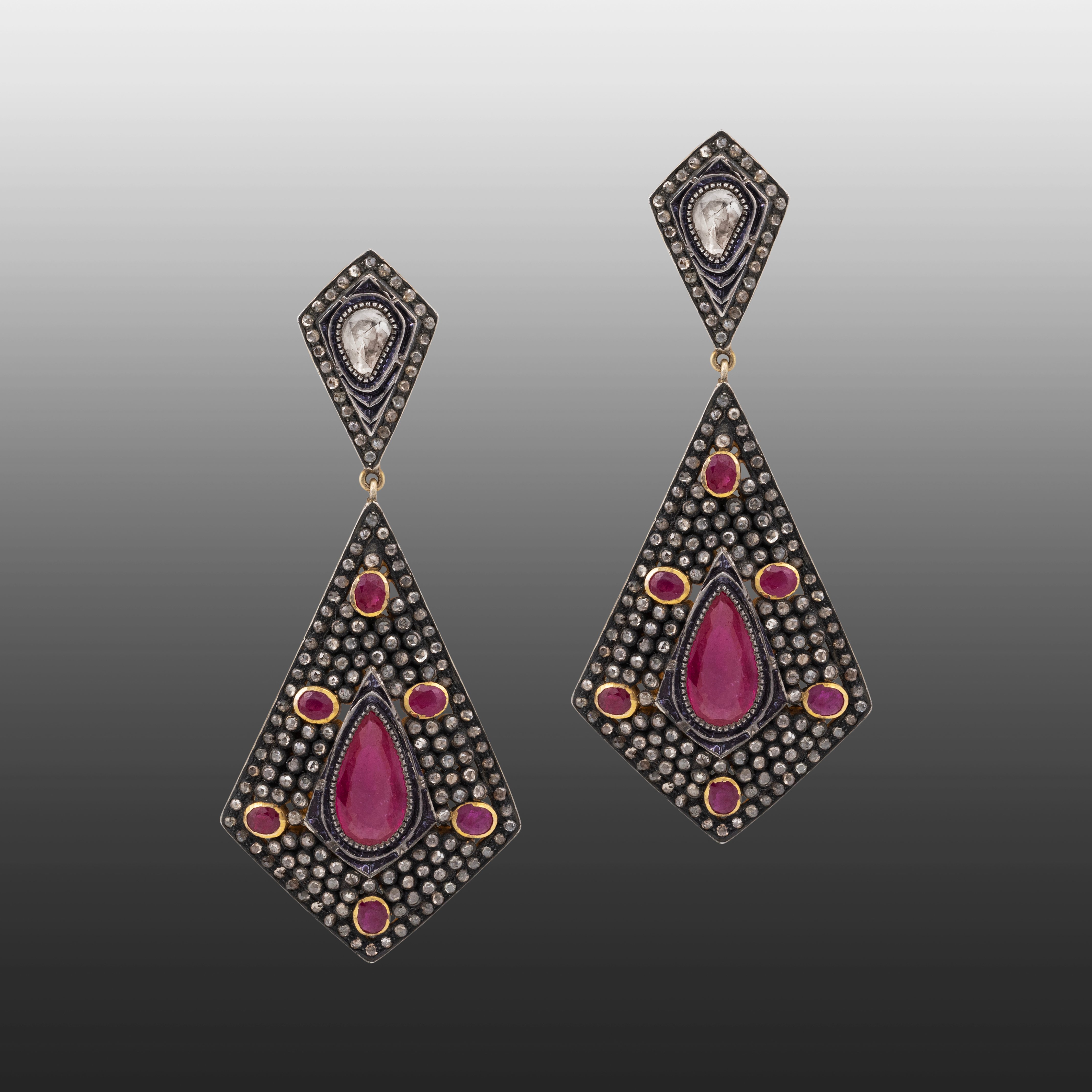Kite-Shaped Antique Earrings with Ruby and Rose-Cut Diamonds